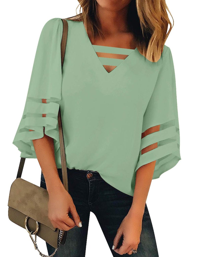 LookbookStore Green Tops for Women Saint Patricks Day Shirt 2024 Summer Lucky Green Bell Sleeve Blouse Saint Patrick's Day Outfits for Women Tops Dressy Casual Size XL Size 16 18 - Image 1